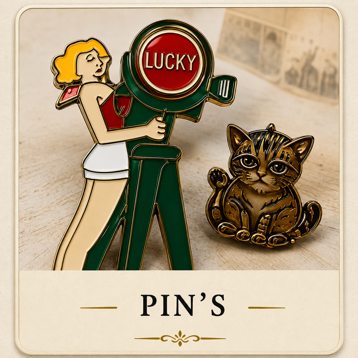 accueil-1-www.maisondupins.fr.jpg Illustration vintage Pin's Lucky – femme en robe verte avec léopard, mascotte de maisondupins.fr