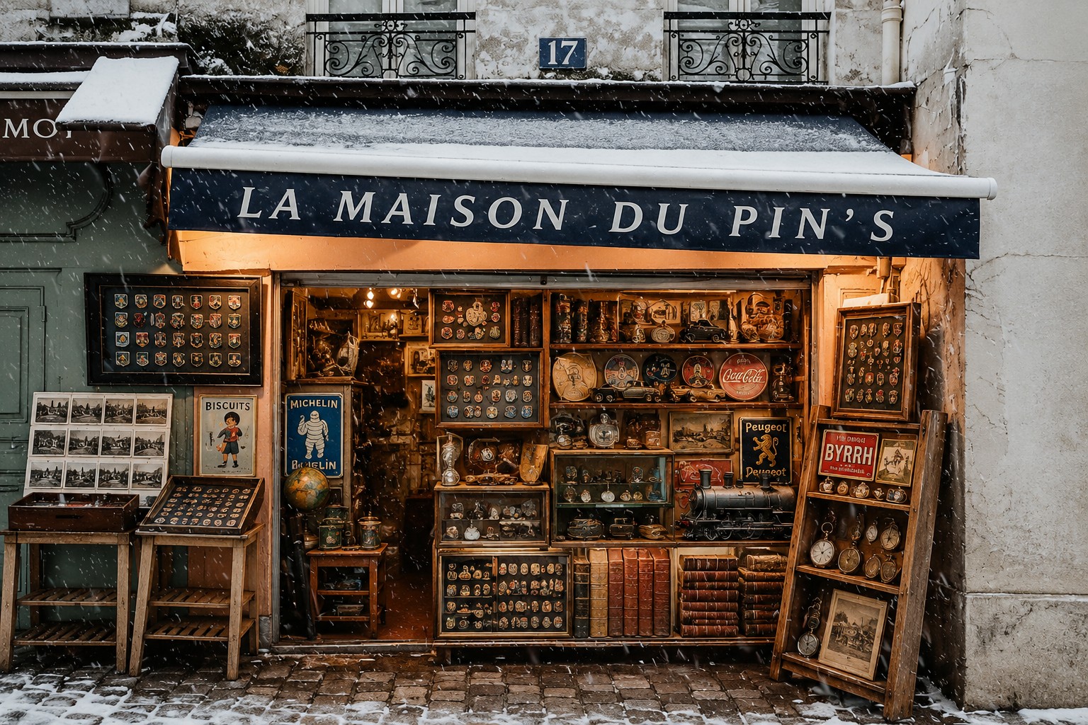 maisondupins.fr Devanture de La Maison du Pin's avec une collection de pin's, monnaies anciennes, livres anciens et objets de collection.